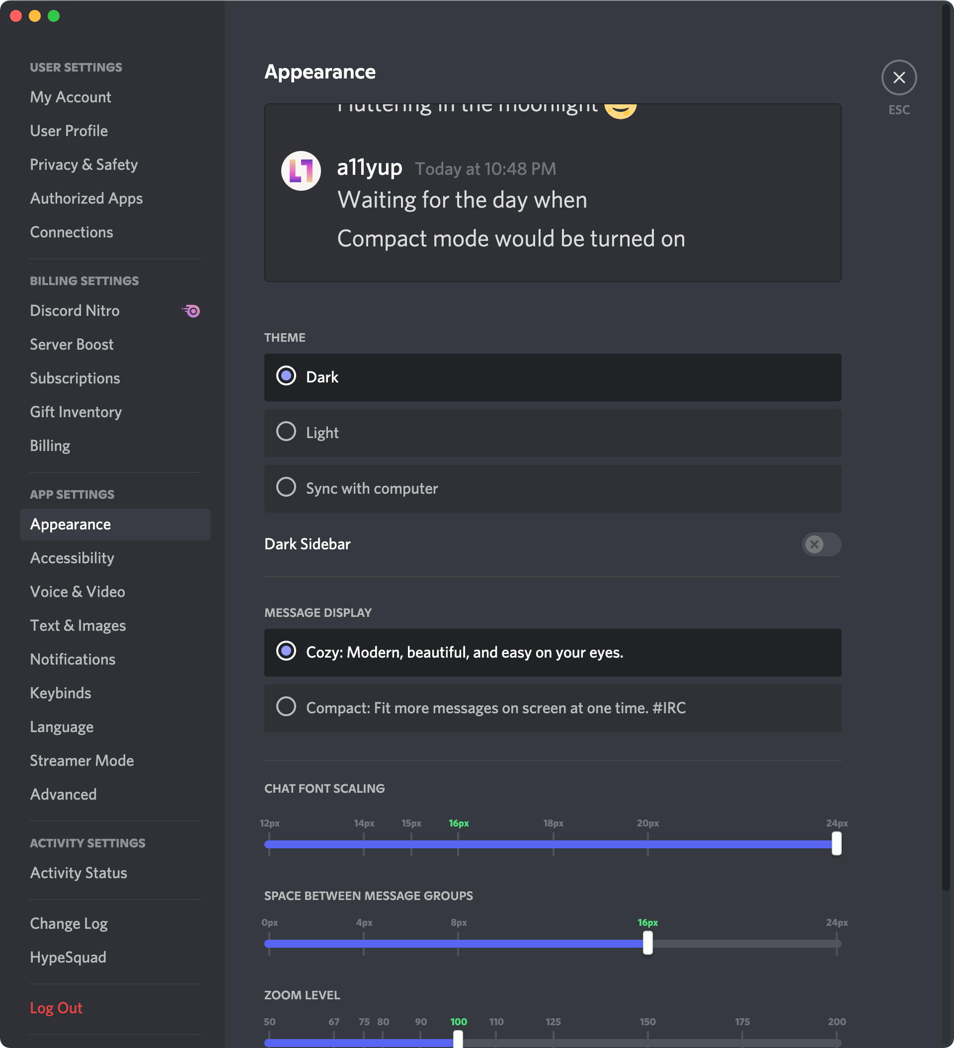 The Discord appearance settings menu. Chat font scaling can be adjusted with a slider. Set at a maximum of 24px you can check the larger appearance of chat text as a preview at the top.