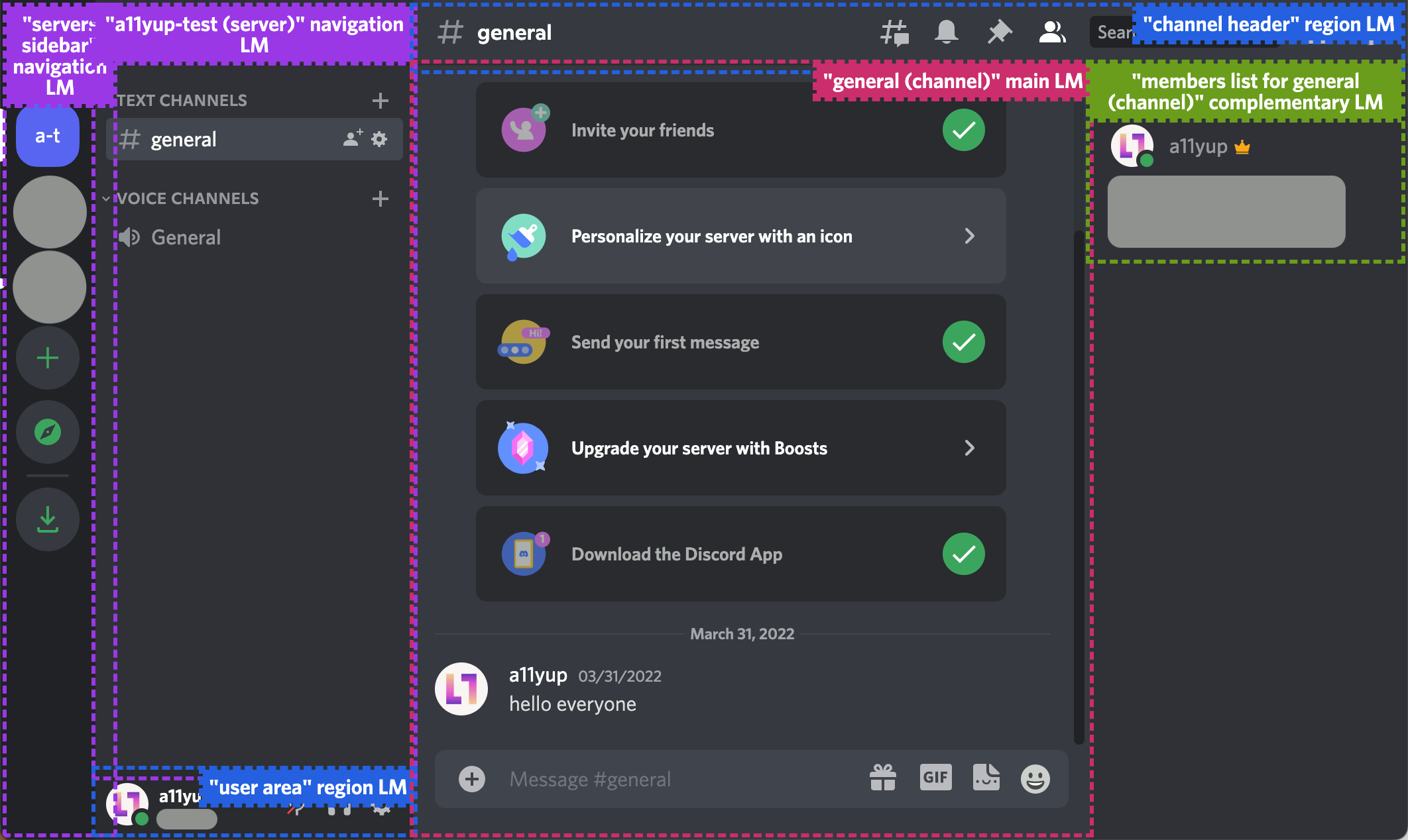 The landmarks in Discord's main layout look very appropriate. There are six different landmarks being used, as described in the paragraph prior to the picture.