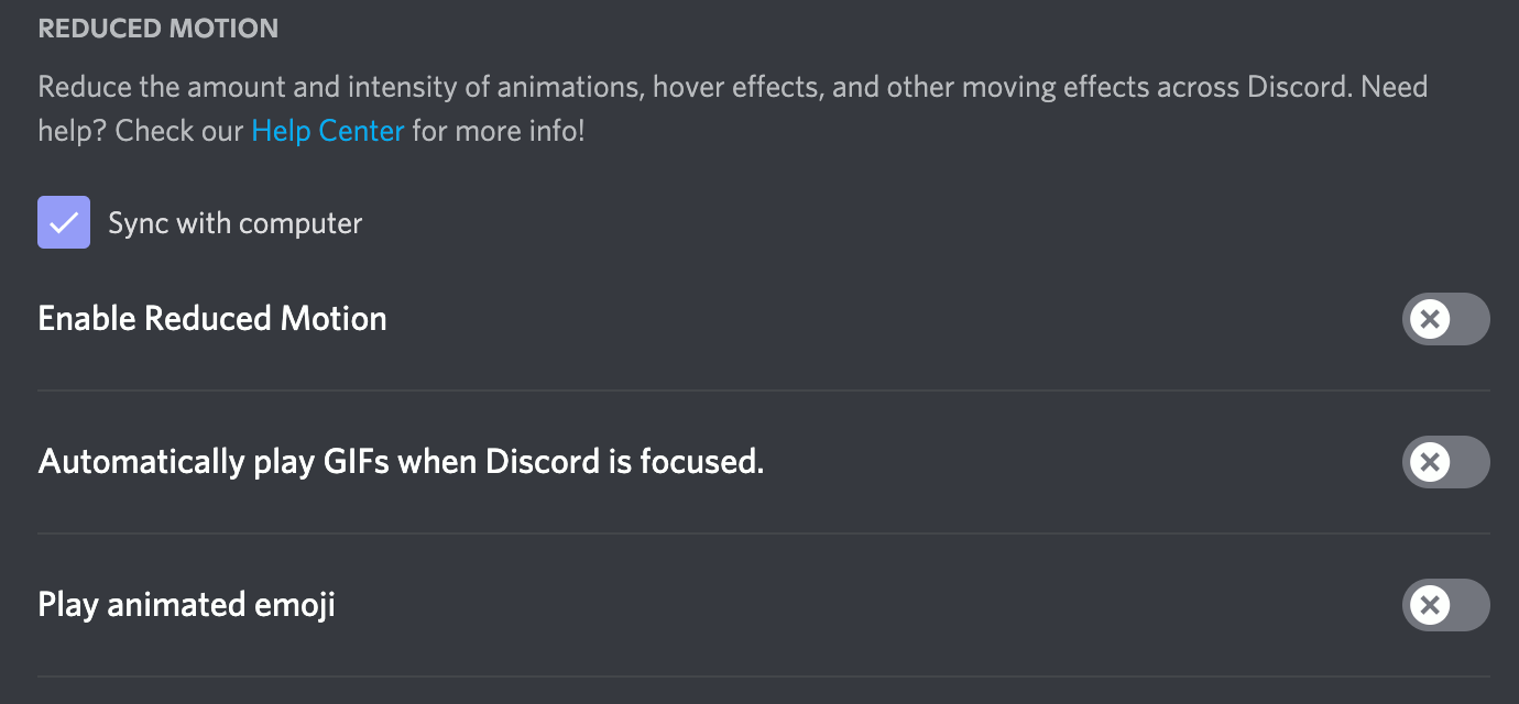 The reduced motion settings of Discord. Next to an option to activate reduced motion or sync it with your system setting for reduced motion, there are options to disable the autoplaying of GIFs and animated emojis.