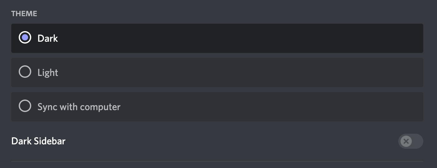 Discord's theming options consist of a radio button group with three choices: Dark, Light, Sync with computer. There is an extra toggle for keeping the sidebar dark when using a light theme.