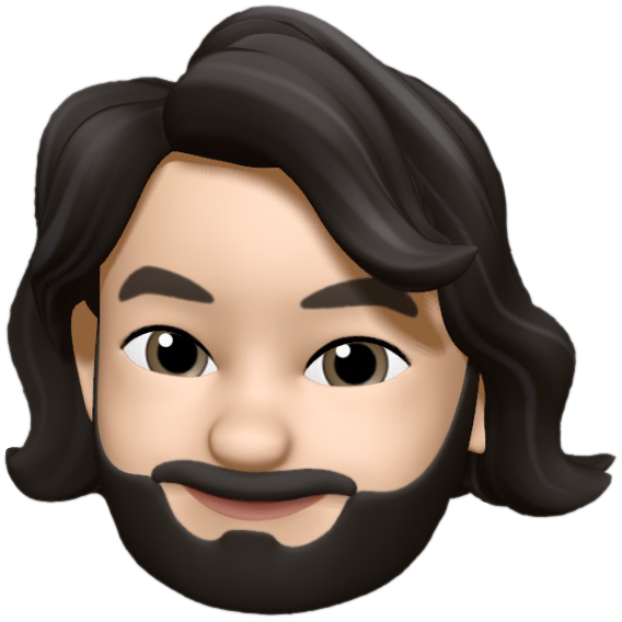 An emoji version of my face. I am male and have a dark, medium long, curly hair and a dark full beard.