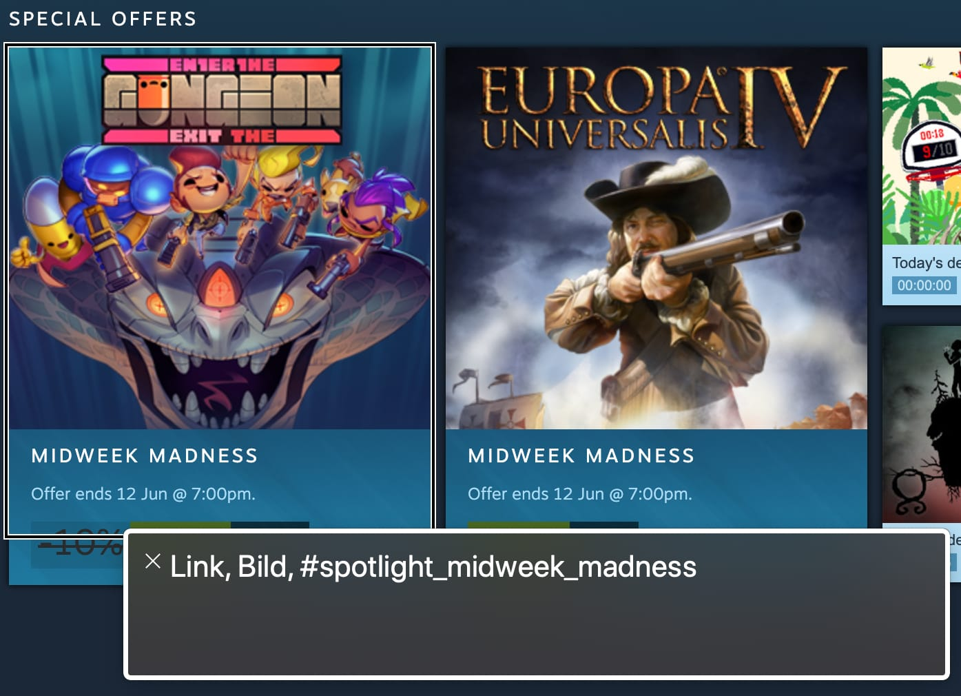 Visiting a game link for the game offer "Enter/Exit the Gungeon" with the VoiceOver screen reader only reads: "Link, image, #spotlight_midweek_madness"